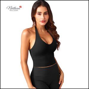 Halter Crop Top with Removable Pads, V-Neck Backless Workout Tank